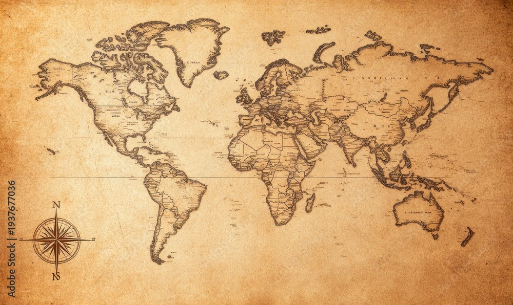 Obraz premium Detailed antique world map with a compass rose, perfect for travel or educational purposes.