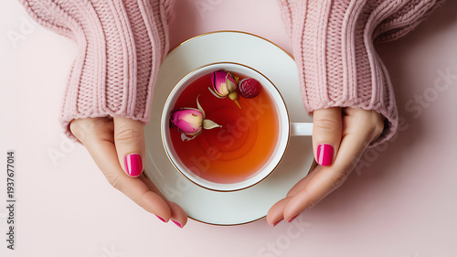 Woman holding a cup of herbal tea with rose buds and raspberry for a cozy relaxation moment
