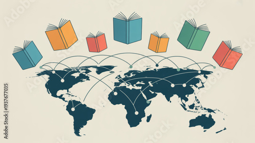 Global book exchange and knowledge sharing concept with colorful books orbiting around the world map