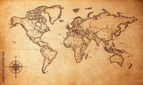Detailed antique world map with a compass rose, perfect for travel or educational purposes.