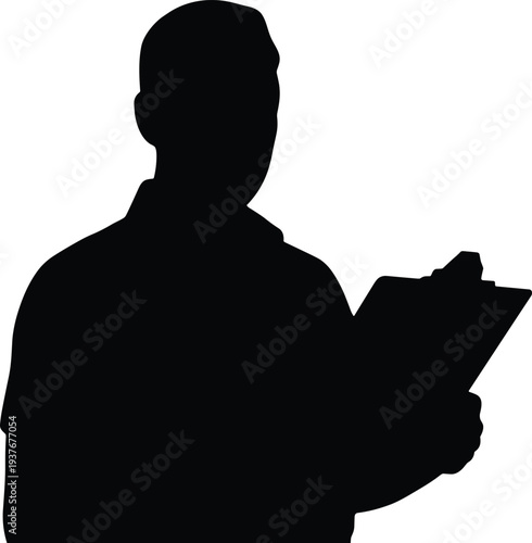 Worker holding clipboard silhouette vector illustration, professional inspector or technician checking checklist concept for construction, maintenance and quality control