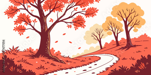 A pixel art illustration of a winding road through autumn trees Vector