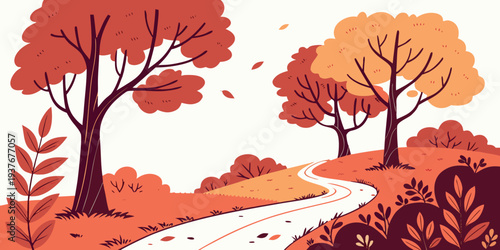 A pixel art illustration of a winding road through autumn trees Vector