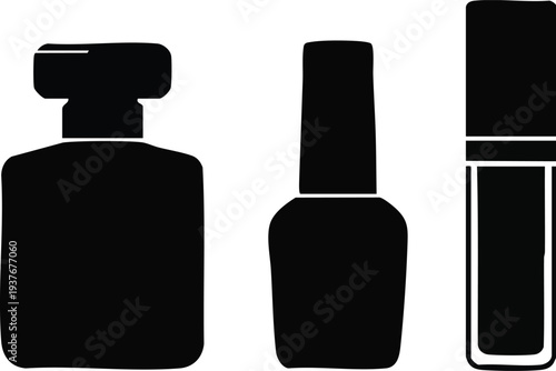 Minimalist Beauty Packaging Vector Set - Square Perfume Bottle, Nail Polish, and Lip Gloss Tube Silhouettes