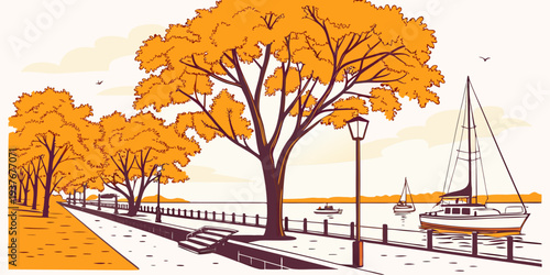 A scenic autumn landscape with trees and a dock Vector