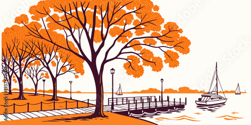 A serene autumn scene with a tree and a dock Vector