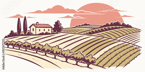A serene vineyard landscape with a farmhouse Vector