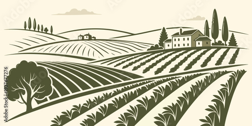 A serene italian landscape with rolling hills and vineyards Vector