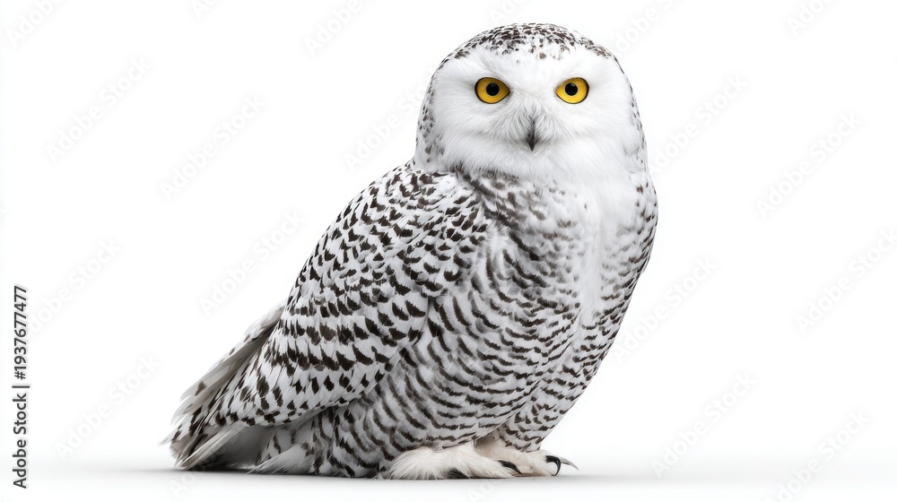 Fototapeta premium A majestic snowy owl with striking yellow eyes sits attentively against a clean white background