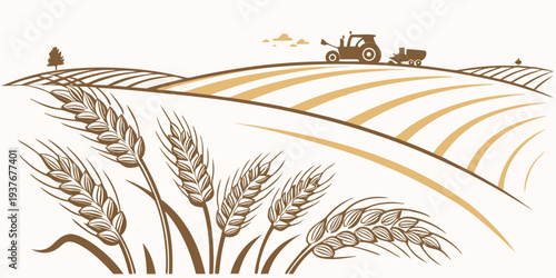 A brown and yellow illustration of a wheat field with a farm in the background Vector