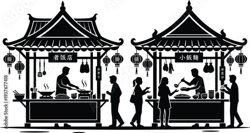 Asian street food stalls with customers silhouette vector illustration, traditional market vendors serving noodles and local cuisine in cultural night market scene