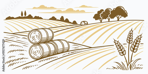 A tractor pulling hay bales through a golden field Vector