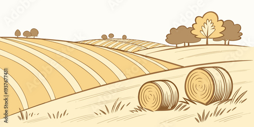 A field with hay bales and trees in the background Vector