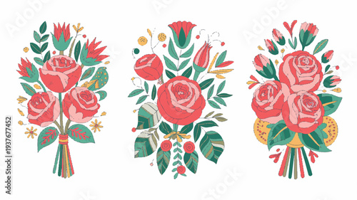 Three colorful bouquets of roses and flowers in green vases on white background floral arrangement