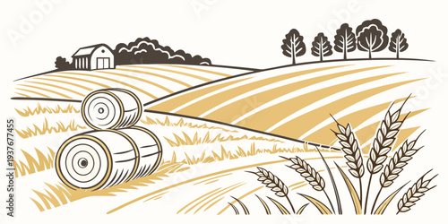 A tractor is harvesting wheat in a field Vector