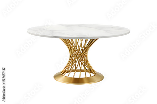 Round White Marble Dining Table with Gold Metal Base Luxury Contemporary Design Studio Isolated