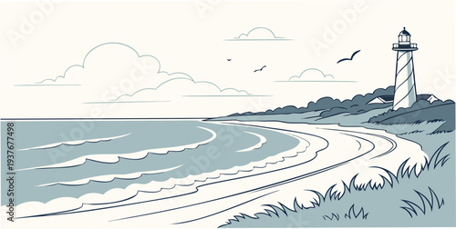 A serene beach scene with a lighthouse in the distance Vector