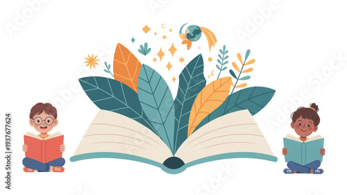Two children reading books sitting beside an open book with colorful leaves and plants growing out of it