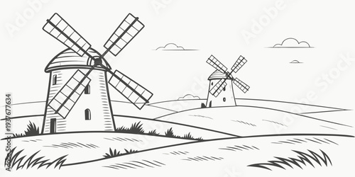 A black and white drawing of two windmills Vector