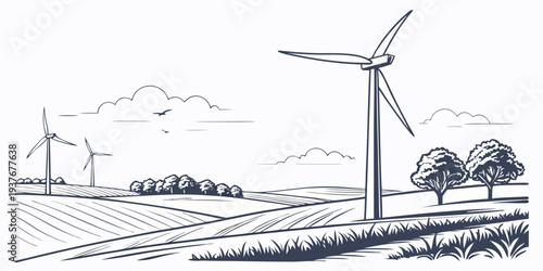 Wind turbines in a rural landscape with trees Vector