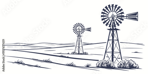 Two windmills standing in a field Vector