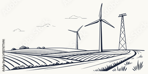 Wind turbines and power lines in a rural landscape Vector