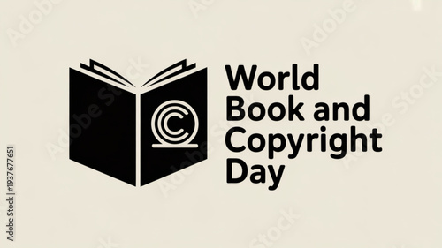 World book and copyright day logo with open book and copyright symbol on beige background