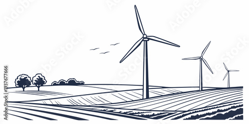 Wind turbines in a rural landscape with fields Vector