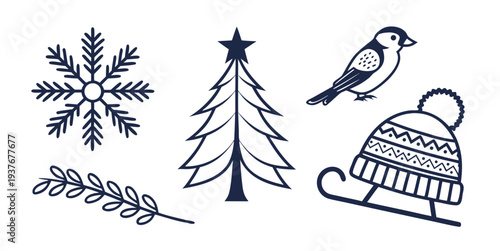 Winter icons including snowflake, tree, bird, and sled Vector