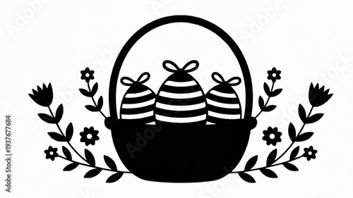 Black silhouette easter eggs in basket with flowers and leaves holiday decoration symbol