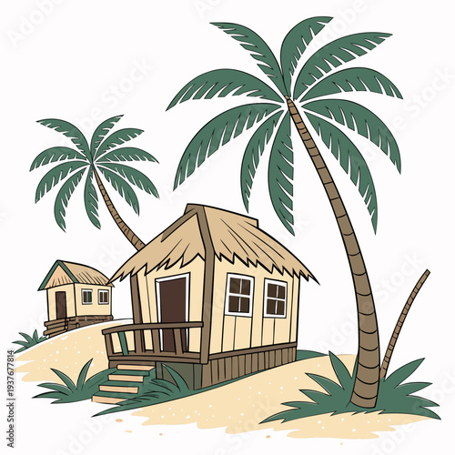 A small beach hut with palm trees on a sandy shore Vector