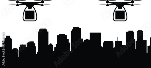 Delivery drones flying over city skyline silhouette vector illustration, modern aerial package transport technology and smart urban logistics concept