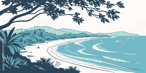 A serene beach scene with a tree and water Vector