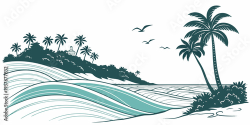 A serene tropical island scene with palm trees and a calm sea Vector