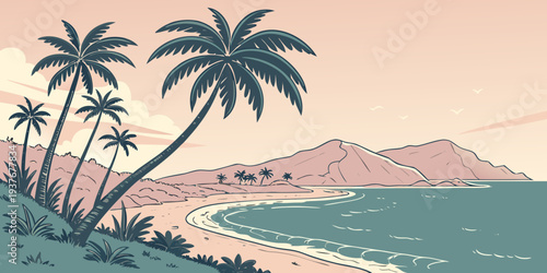 A pixelated image of a tropical beach with palm trees Vector