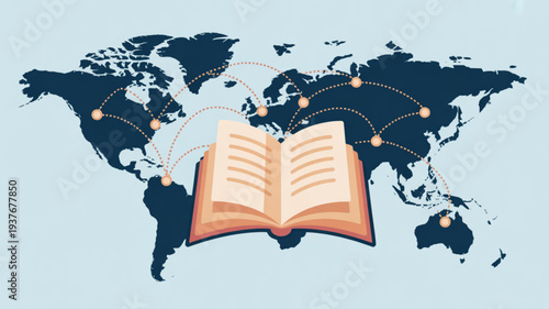 Global education concept with open book on world map background