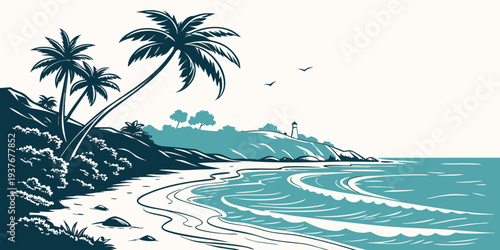 A serene beach scene with palm trees and ocean waves Vector