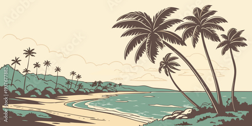 A serene beach scene with palm trees and calm waters Vector