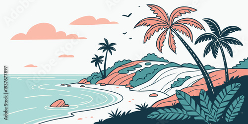 A serene tropical beach with palm trees and a winding path Vector