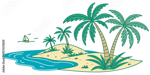 A small island with palm trees and a sailboat Vector