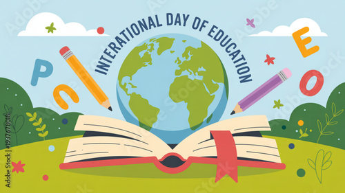 International day of education illustration with globe books pencils and letters in a colorful landscape