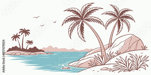 A serene tropical island scene with palm trees and calm waters Vector