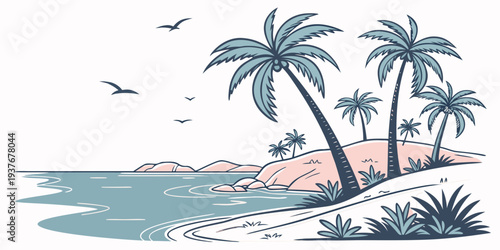 A serene tropical island with palm trees and a beach Vector