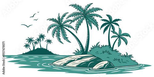 A small island with palm trees and birds flying overhead Vector