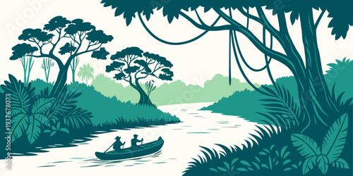 People on a boat ride through a forest river Vector