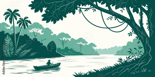 A serene tropical landscape with a river and a boat Vector