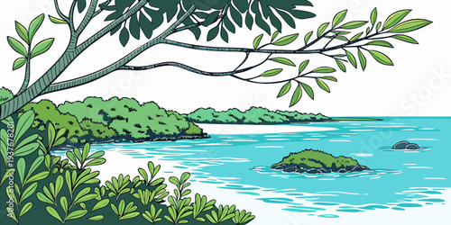 A serene tropical island scene with lush greenery and turquoise water Vector