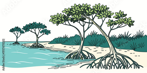 A serene beach scene with trees and water Vector