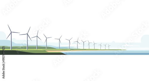 Modern wind turbines set against a scenic coastal landscape in flat