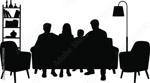Family sitting together on sofa in living room silhouette vector illustration, home lifestyle and bonding concept with parents and child